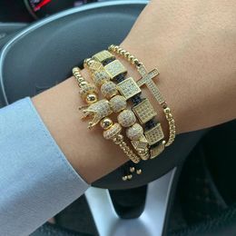 4pcs/set Luxury CZ Gold crown cross Charm mens bracelet stacks copper beads Macrame bracelets & bangles for mens accessories LJ200323