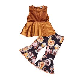 1-4Y Flower Toddler Kid Girls Clothes Set Ruffles Velvet Vest Tops + Flare Floral Pants Summer Outfits Children Costumes 210515