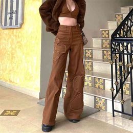 Brown Applique Y2k Baggy Mom Jeans Women Aesthetic Vintage Straight Denim Wide Leg Pants Low Waist Trousers Streetwear 210510