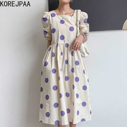 Korejpaa Women Dress Summer Korea Chic Girls Temperament Square Collar Contrast Colour Pleated Puff Sleeve Polka Dot Vestido 210526