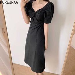 Korejpaa Women Dress Summer Korean Chic Female French Retro Twist Design V-Neck Puff Sleeve A-Line Platycodon Vestidos 210526