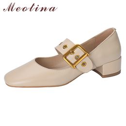 Meotina Real Leather Mary Janes Shoes Mid Heel Elegant Pumps Women Cow Leather Buckle Round Toe Dress Shoes Female Footwear 40 210520