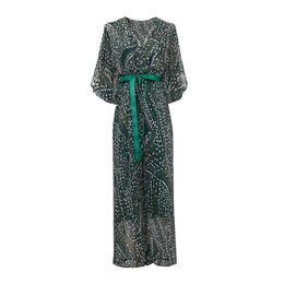 PERHAPS U Women Green Floral Print V Neck Half Sleeve Sash Full Length Jumpsuit Vocation Chiffon Beach J0108 210529