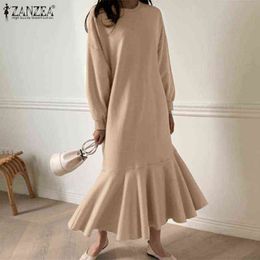 ZANZEA Fashion Women Sweatshirts Dresses 2021 Spring Long Sleeve Ruffle Maxi Dress Vestidos Casual Solid Loose Oversized Robe 7 Y220214