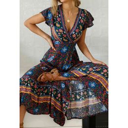 Jastie V-Neck Sexy Long Dress Boho Summer Vacation Floral Print Beach Dresses Women Clothing 2021 Bohemian Female Vestidos X0521