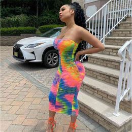 Bodycon Dress Women Strapless Tie Dye Sexy Backless High Waist Causal Draped Summer Party Club Robe Femme 210513