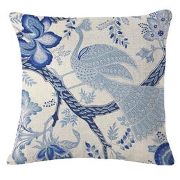 Vintage Pillow Cover Linen Cotton Print Pillowcase Blue Flowers Birds Case Sofa Waist Throw Cushion Home Car Decor Cushion/Decorative