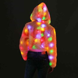 Women Teddy Coat LED Light Fashion Faux Fur Hooded Jacket With Jacket Prom Nightclub Costume Rabbit Fur Pink Coat Party 211213