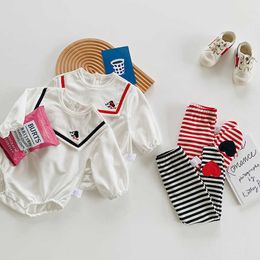 2Pcs Baby Girl Cartoon Embroidery Romper Korean born Cute Jumpsuit Korea Clothes Infant Rompers + Pantyhose 210615