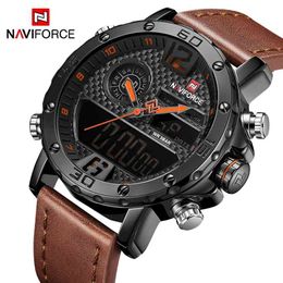 Mens Watches To Luxury Brand Men Leather Sports Watches NAVIFORCE Men's Quartz LED Digital Clock Waterproof Military Wrist Watch 210329