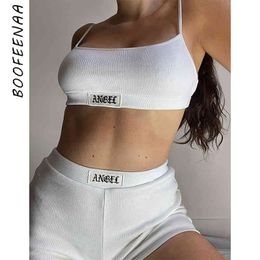 BOOFEENAA Embroidery Label Ribbed 2 Piece Set Women Short Outfits Sexy Tracksuits Athleisure Bodycon Two Piece Sets C66-BF18 X0428