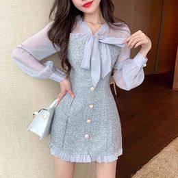 New Spring Vintage Sexy See-through Chiffon Patchwork Tweed Mini Dress Women Ribbon Bow Single-breasted Long Sleeve Party Dress 210325