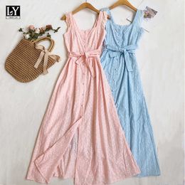 LY VAREY LIN Summer Women Sweet Single Breasted A-line Slip Dresses Office Lady Square Collar Sleeveless High Waist 210526