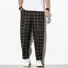 Men's Pants Men Casual Plus Size Plaid Linen Knickerbockers With Loose Legs Chinoise-chic Cotton And