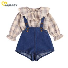 0-24M Spring Autumn Vintage Toddler born Infant Baby Girl Clothes Set Ruffles Long Sleeve Top Denim Overalls Outfits 210515