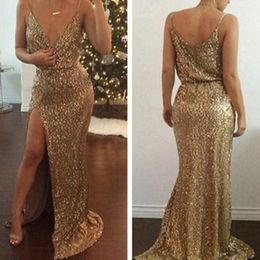 Sexy V Neck Mermaid Sequin Lace Long Side Split Formal Prom Dresses Spaghetti Strap Gowns Evening Wear Robe De Soiree 328 328