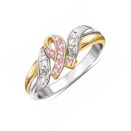 Women's Fashion Two-Tone Pink Ribbon Hope Crystal Zircon Ring Breast Cancer Awareness Gift for Girls