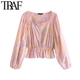 Women Fashion Button-up Tied-Dye Cropped Blouses Vintage Long Sleeve Ruffled Hem Female Shirts Blusas Chic Tops 210507