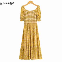 Holiday Summer Dress Women Sexy Square Neck Short Sleeve Vestido Mujer Yellow Vintage Floral Print A-line Midi 210430