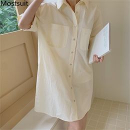 Summer Korean Fashion Straight Shirt Dress Women Half Sleeve Turn-down Collar Pockets Single-breasted Dresses Vestidos 210513
