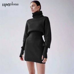 Free Autumn Women's Turtleneck Sweater Dress Elegant Lantern Sleeve Bodycon Knit Pullover Mini Vestidos 210524