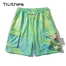 Summer Running Shorts Men Drawstring Cotton Cargo Pants Sports Outdoor Fitness Loose Tie Dye Skateboard Casual 210716