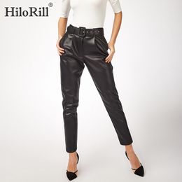 Women Black Faux Leather Pants With Belt High Waist Sashes Pockets Office Ladies Long Harem Trousers Pantalons 210508