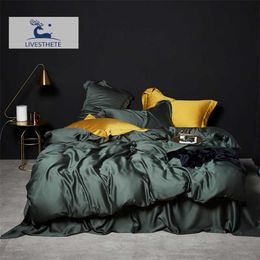 Liv-Esthete Dark Green 100% Silk Bedding Set Healthy Pure Silk Luxury Queen King Duvet Cover Flat Sheet Pillowcase Bed Linen Set 211007