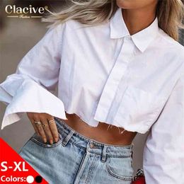 Clacive Fashion Long Sleeve Women Short Shirt Casual Loose Turn Down Collar Lady Blouses Elegant White Office Work Shirt Female 210323