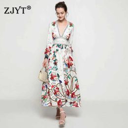 Europe Style Runway Fashion Spring Robe Elegant Women Deep V Neck Print Vintage Long Maxi Dress Holiday Party Vestidos 210601