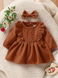 Baby Cable Textured Ruffle Trim Dress With Headband SHE