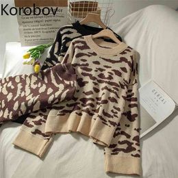 Korobov Streetwear Leopard Harajuku Knit Pullovers Korean O Neck Long Sleeve Female Sweaters Vintage Elegant Jumper Femme 210430