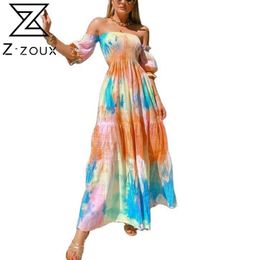 Women Dress Puff Sleeve Off Shoulder Beach Dresses Plus Size Color Matching Sexy Long Bohemian 210524