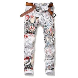 Men's Pants Jeans Skinny Fit White Printed Patterns Stretch Trousers for Men Slim Fit College Students Mens Jeans Pants No Belt X0621