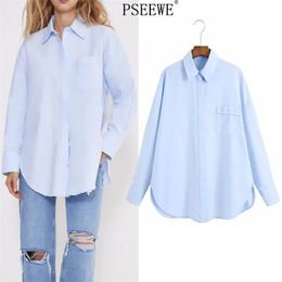 Blue Long Women Shirts Button Up Collared Sleeve Oversize Shirt Woman Pocket Asymmetric Hem Female shirt 210519