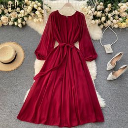 Neploe Maxi Dresses for Women High Waist Vintage Dress O-neck Lantern Sleeve Lace Up Robe Slim Big Swing Vestidos 95181 210422