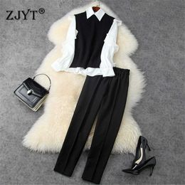 High Quality Designer Autumn Winter Office Lady Outfits Fashion Ruffle White Blouse Knitted Top and Pants 3Piece Sets 210601