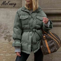 Msfancy Green Quilted Coat Women Winter Fashion Stand Collar Tunic Bandage Jacket Mujer Vintage Pockets Warm Parkas Outwear 211130