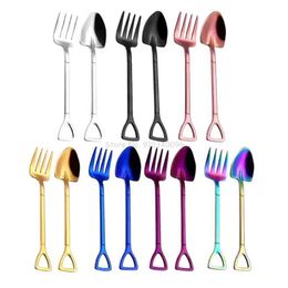 Dessert Spoon Shovel Shape Forks 304 Stainless Steel Ice Cream Fork Coffee Spoons Desserts Watermelon Tableware Teaspoon Stirring Set WLL509