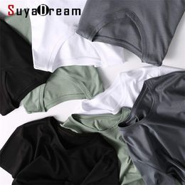 SuyaDream Mens Solid T shirts Cotton and Silk mix Plain O neck Short Sleeved Shirts Summer Basic Top 210726
