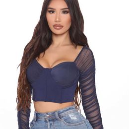 Romantic See Though Padded Croped Corset Top Women Stylish Mesh Sleeve Vacation Crop Top Skinny Tshirt Casual Streetwear Female 210709