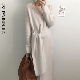 Korean Spring And Winter Elegant V-neck Cross Side Strap Waist Mid-calf Knitted Sweater Dress For Women ZT1123 210427