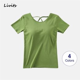 Women T-Shirts Built-in Bra Padded Backless Stretchable Cotton Push-Up Wire-Free Tops Tshirts Sexy Casual Korean SA0913 210324
