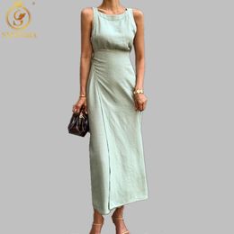 Arrival Fashion Elegant For Women O Neck Sleeveless Vestidos High Waist Summer Solid Midi Dresses 210520