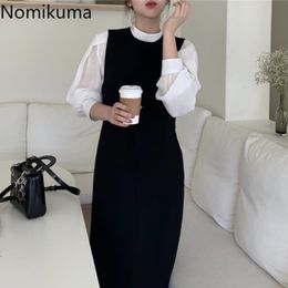 Nomikuma Elegant Vintage Two Piece Set Women Stand Collar Long Sleeve Chiffon Shirts Sleeveless Black Dress Korean Outfits 3c748 210514