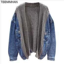 Women's Jackets Spring And Autumn Korean Loose Sweater Stitched Denim Jacket Long Sleeve Short Knitted Cardigan