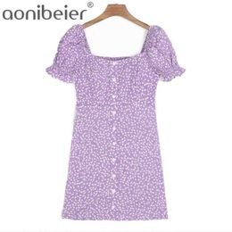Summer Floral Print Casual Holiday Mini Dres Square Neck Puff Sleeve Button Front Elastic Back High Waist 210604