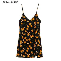 French Summer Black Orange Print Spaghetti Strap Mini Dress Retro Sexy Women Deep V neck Sling Slit Dresses Short Vestido 210429