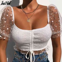 Elegant Square Collar Tops Women Summer Low Cut T Shirts Polka Dot Print Mesh Puff Sleeve Slim T-shirt Tops Sexy Pleated T Shirt 210514