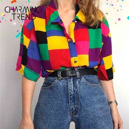 Womens Blouse Top Geometric patterns Colorful Harajuku Preppy Young Girls Vintage Shirt Streewear Summer Women Loose Clothes 210323